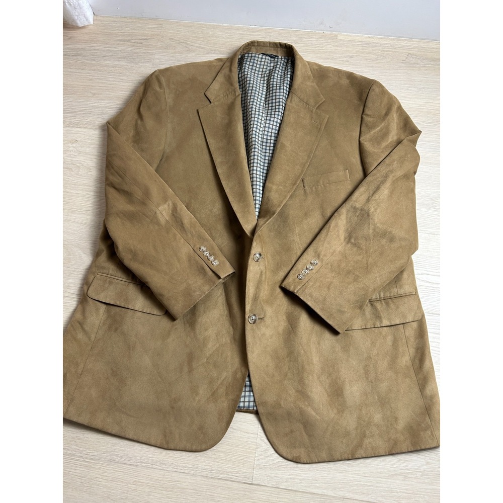 George Foreman Mens 56L Big Tall Faux Suede Blazer Jacket Tan Brown Plaid Lined